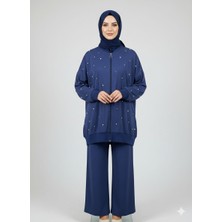 Zg Fashion Kadın Incili Taşlı Fermuarlı Tensel Kumaş Pantolonlu Ikili  Tesettür Takım