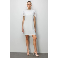 Ekol Kadın Yakası Taş Işlemeli Diz Üstü Elbise 6002 Ekru