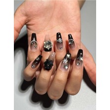 Özgürce Özel Tasarım Siyah Ombre Kar Taşlı Protez Jel Takma Tırnak ve Aksesuarlar