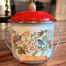 Feyza Design 3 Litre Emaye Bakraç, Kırmızı Çiçek Desenli, Ahşap Kulplu, Kapaklı