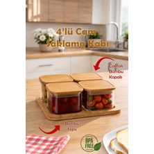 Feyza Design Kare 4'lü Bambu Kapaklı Cam Kahvaltılık Seti, Hava Geçirmez Saklama Kabı