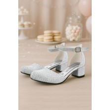 Xo Kids Merida Gümüş Simli Kalın Topuklu Kız Çocuk Topuklu Ayakkabı