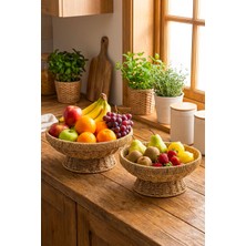 Feyza Design Doğal El Örgüsü Hasır Meyvelik 2’li Set, Ayaklı Mutfak Sunumluk