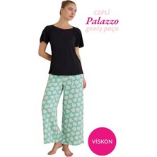 Seamlife Kadın Siyah Çilek Desenli Geniş Dantel Yaka Viskon Kısa Kol Palazzo Dokuma Cepli Geniş Paça Alt Homewear