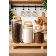 Feyza Design Standlı 3’lü Bambu Kapaklı Bakliyat ve Baharat Kavanoz Seti