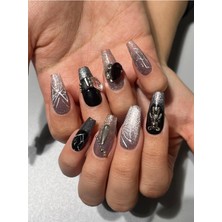 Özgürce Siyah Gri Kedi Gözü Taşlı Jel Takma Tırnak ve Aksesuarlar, 150456 S Beden