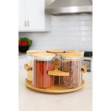 Feyza Design 5'li Bambu Dönen Cam Baharatlık Seti, Baharat Kaşıklı, Mutfak ve Çeyiz Için