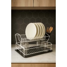 Feyza Design Paslanmaz Metal 2 Katlı Bulaşık Kurutma Sepeti, Tezgah Üstü Teli, Beyaz