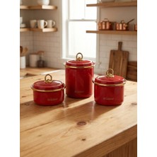 Feyza Design Şık Emaye Baharatlık Seti, 3'lü Kavanoz, Kırmızı Renkli, Modern Tasarım