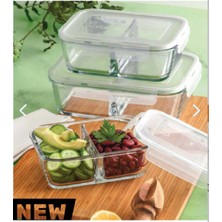 Feyza Design Iki Bölmeli Cam Saklama Kabı Seti, 3'lü, Beyaz Kapaklı, 1700CC-1120CC-720CC