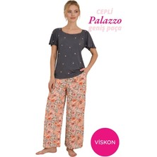 Seamlife Kadın Antrasit Çiçek Desen Geniş Dantel Yaka Viskon Kısa Kol Palazzo Dokuma Cepli Geniş Paça Alt Homewear