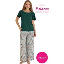 Seamlife Kadın Yeşil Çiçek Desenli Geniş Dantel Yaka Viskon Kısa Kol Palazzo Dokuma Cepli Geniş Paça Alt Homewear