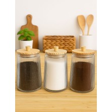 Feyza Design 3’lü Bambu Kapaklı Cam Kavanoz Seti, 1800 Cc, Şeker, Çay, Kahve, Tuz