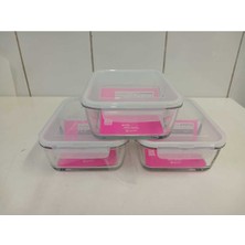 Feyza Design Fresco Cam Kilitli Dikdörtgen Saklama Kabı 3'lü Set 1700CC Beyaz Kapaklı