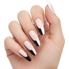 Özgürce 24'lü Pembe Siyah Beyaz French Uzun Kare Balerin Tırnak Seti