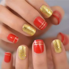 Özgürce 24'lü Kırmızı Simli Altın Takma Tırnak Seti, Çizgi Desenli, Kısa Boy
