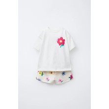 Magu Kız Çocuk Pamuklu Beyaz Çiçek Nakışlı T-Shirt Çiçek Desenli Şort Takım - Yazlık Set