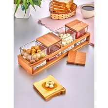 Feyza Design 4'lü Ahşap Standlı Kapaklı Cam Kare Kahvaltılık ve Çerezlik Seti