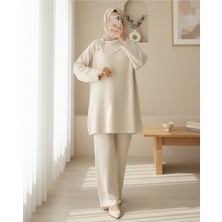 Modamorfo Yakası Çapraz Düğmeli Yarım Boğazlı Triko Takım -Ekru