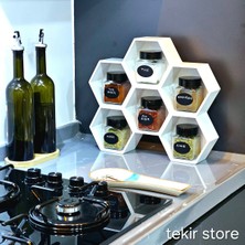 Feyza Design 6'lı Ahşap Baharatlık Takımı, Beyaz Standlı, Çift Yönlü Açılır Cam Kavanoz