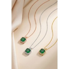 Evas Jewellery 925 Ayar Gümüş Prenses Kesim Zümrüt Kolye – Zirkon Taşlı – 14 Ayar Altın & Rose Kaplama
