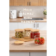 Feyza Design 4'lü Yuvarlak Bambu Standlı Cam Kahvaltılık Seti, Hava Geçirmez 250ML