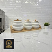 Feyza Design 3'lü Bambu Kapaklı ve Standlı Porselen Baharatlık Seti