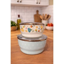 Feyza Design Vazgeçilmez Emaye Saklama Kabı Seti, Vakumlu ve Vintage Desenli, 14-16 cm