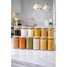 Feyza Design 12'li Vakumlu Bambu Kapaklı Cam Kavanoz Seti, 1000 Ml, Erzak ve Baharatlık