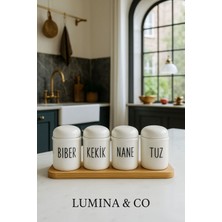 Feyza Design Beyaz Porselen Baharatlık Seti Bambu Tepsi ve Vakumlu Kapaklı