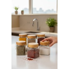 Feyza Design 6'lı Bambu Kapaklı Cam Baharatlık Seti, 300 Ml, Kare Vakumlu Mutfak Düzenleyici