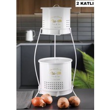Feyza Design Çift Katlı Beyaz Metal Sebze ve Patates Saklama Kovası Kapaklı