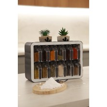 Feyza Design Standlı 12 Li Kaşıklı Kapaklı Baharatlık Takımı, Gri-Beyaz, Tezgah Üstü