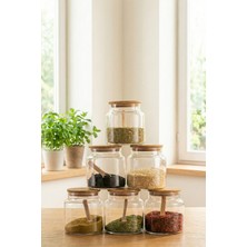 Feyza Design 6'lı Bambu Kapaklı Vakumlu Cam Kavanoz Baharat Takımı 500 Ml, Etiket ve Kaşık Hediyeli