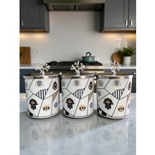 Feyza Design 3'lü Silindir Baharatlık Seti, Metalli Kahve Köşesi, Hamse Desenli, 750 ml