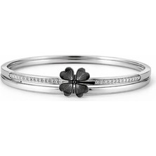 Asmentum 316L Paslanmaz Çelik Yonca Detaylı Taşlı Kelepçe Bileklik