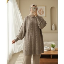 Moda Morfo Saç Örgü Desen Yumoş Triko Kazak -Toprak