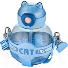 720ML Sevimli Kedi Silikon Pipetli Özel Kılıflı ve Askılı Polikarbon Çocuk Su Matarası (Mavi)