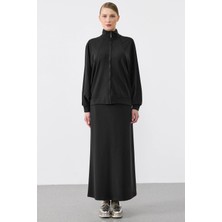 Tığ Triko Pilikaşe Detaylı Fermuarlı Hırka Etekli Takım Siyah