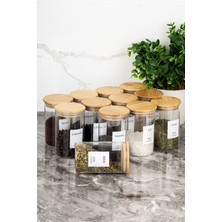 Feyza Design 12'li Bambu Kapaklı Borosilikat Cam Baharatlık Seti, 250 Ml, Etiketli