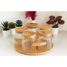 Feyza Design Borosilikat Cam Bambu Standlı 360° Dönerli 5'li Baharatlık Seti