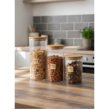 Feyza Design Bambu Conta Kapaklı 3'lü Cam Kavanoz Seti, Borosilikat, Baharat ve Erzak Saklama
