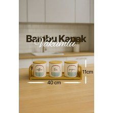 Feyza Design 3'lü Vakumlu Bambu Kapaklı Porselen Baharatlık Seti, Standlı, 660 ml