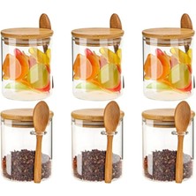 Feyza Design Şık Borosilikat Cam Baharat Seti 6'lı Bambu Kapak ve Kaşık ile