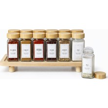 Feyza Design 12'li Bambu Kapaklı Ahşap Standlı Cam Baharatlık Seti, 120ML, Etiket Dahil