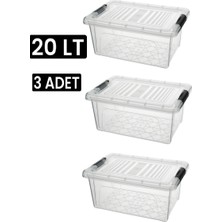 Qs Plastik Depolama Saklama Kutusu Düzenleyici Kilitli Saklama Kabı 3 Adet 20 Lt Şeffaf