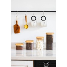 Feyza Design Dörtli Bambu Kapaklı Çizgili Cam Kavanoz Seti, Bakliyat ve Gıda Saklama