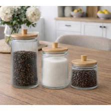 Feyza Design 3’lü Bambu Kapaklı Cam Saklama Kavanoz Seti, Şık ve Kullanışlı Tasarım