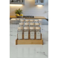 Feyza Design 12'li Bambu Standlı Kare Cam Baharatlık Seti, Şık Mutfak Organizeri