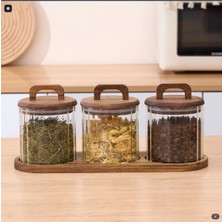 Feyza Design Üçlü Akasya Cam Kavanoz Seti, Vakum Kapaklı ve Ahşap Standlı